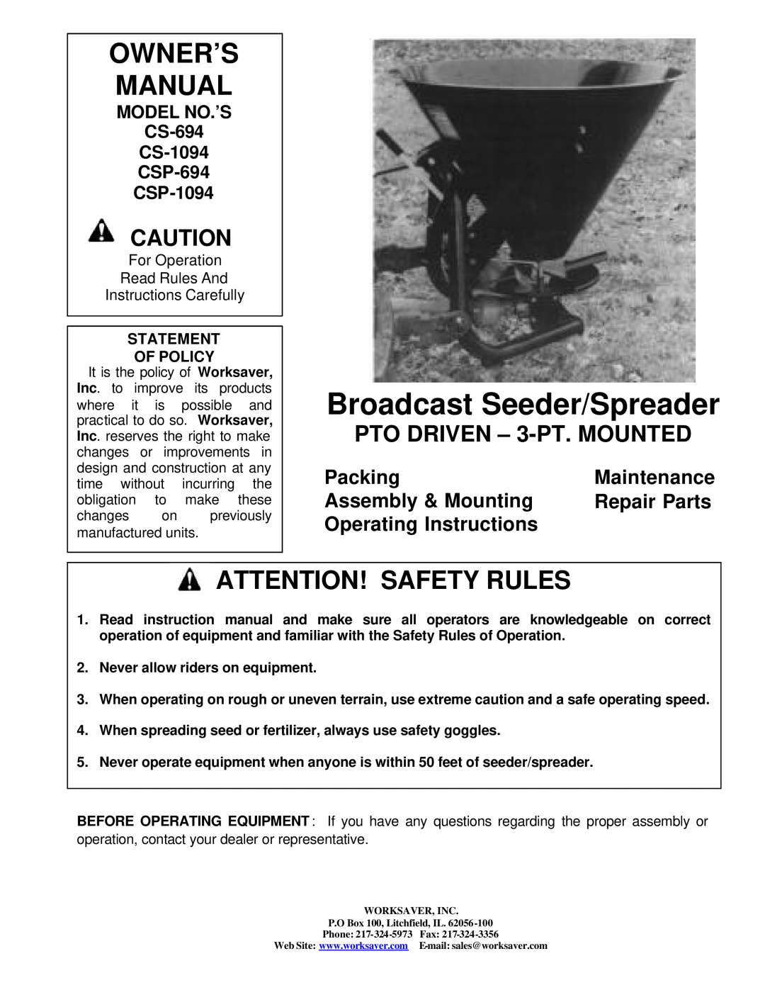Worksaver CS-694, CS-1094, CSP-694, CSP-1094 instruction manual Attention! Safety Rules, PTO DRIVEN - 3-PT. MOUNTED 