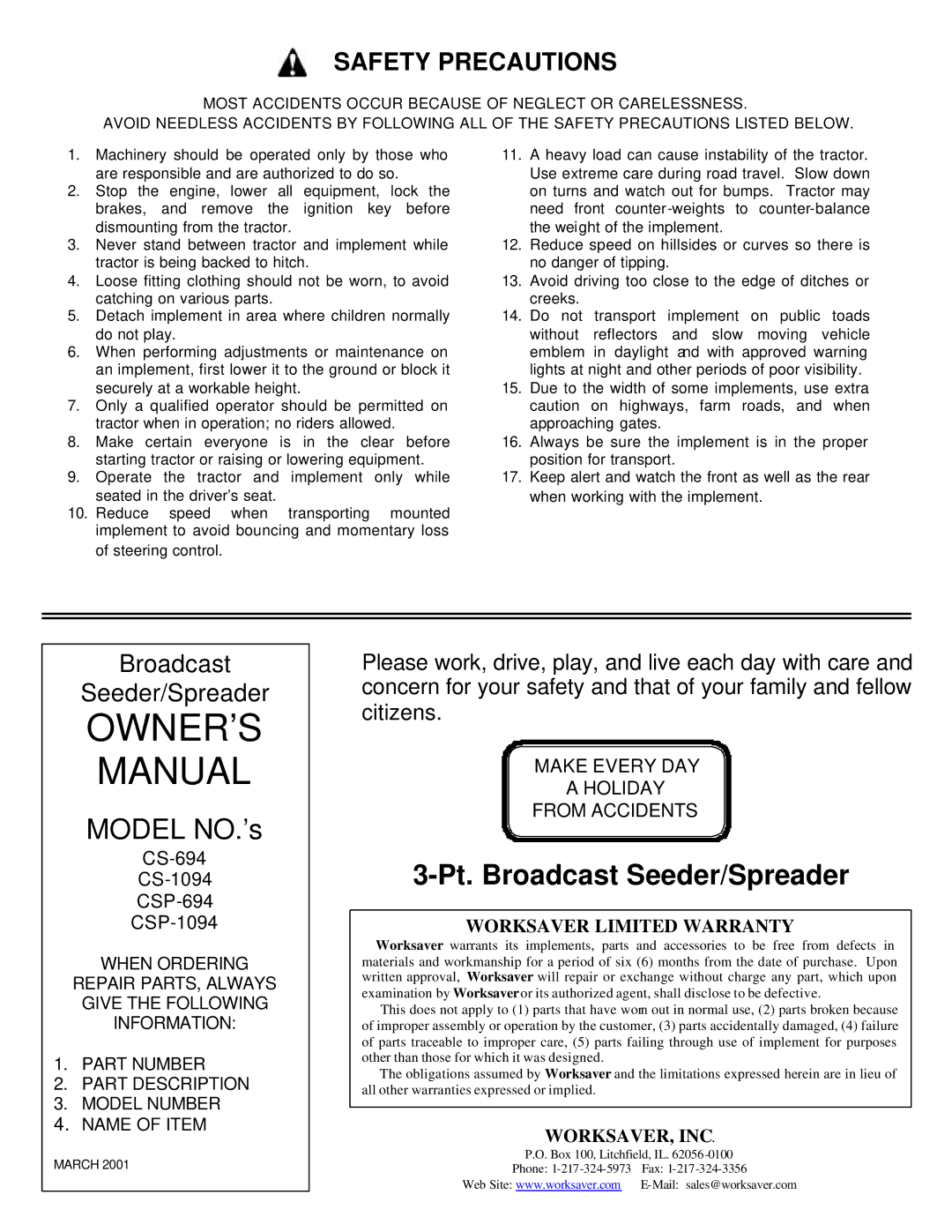 Worksaver CS-694, CS-1094, CSP-694, CSP-1094 instruction manual Pt. Broadcast Seeder/Spreader 