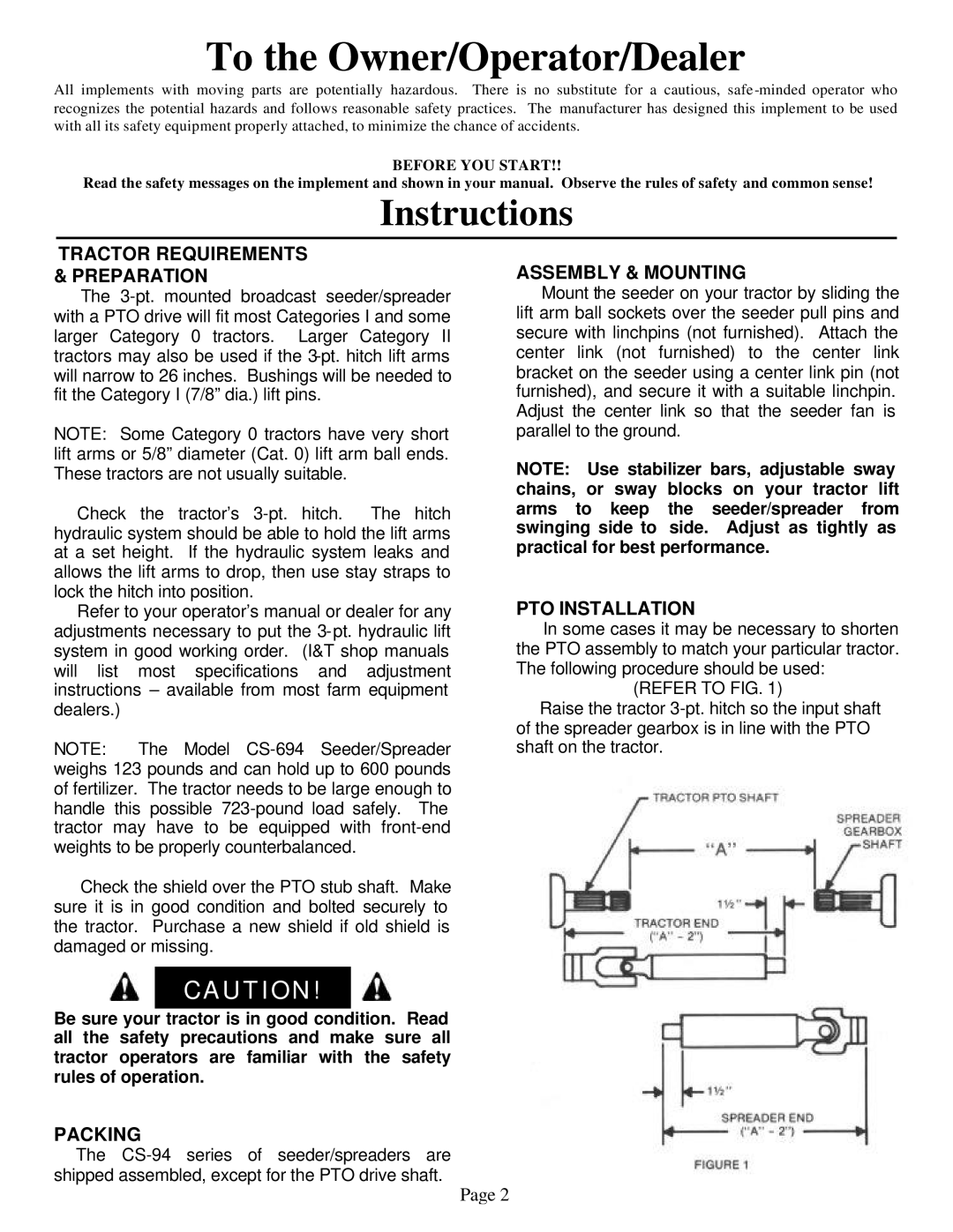 Worksaver CS-694, CS-1094, CSP-694, CSP-1094 Tractor Requirements & Preparation, Packing, Assembly & Mounting 