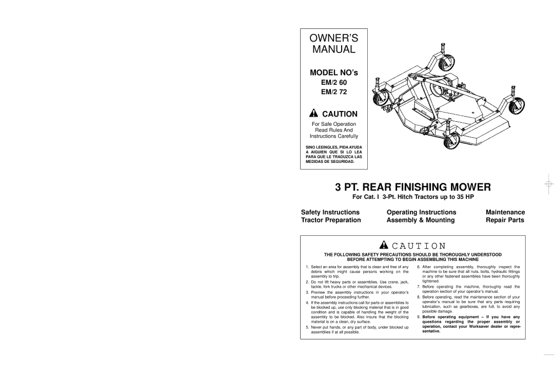 Worksaver EM/2 60, EM/2 72 warranty PT. Rear Finishing Mower 