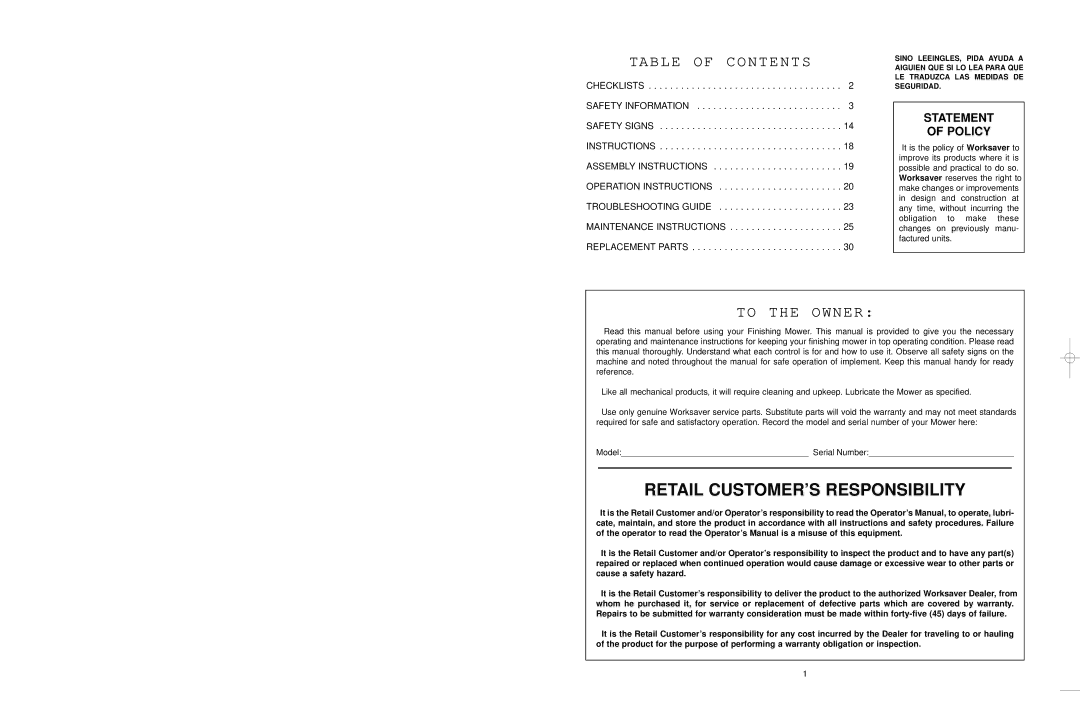 Worksaver EM/2 60, EM/2 72 warranty Retail CUSTOMER’S Responsibility 