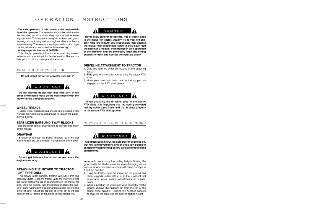 Worksaver EM/2 60, EM/2 72 warranty E R Ation Instructions, Tractor Prepa R Ation, Cutting Height Adjustment 