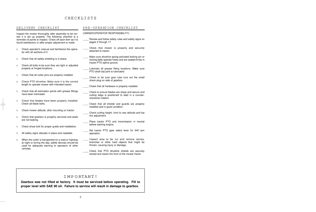 Worksaver EM/2 60, EM/2 72 warranty Delivery Checklist, PRE Operation Checklist 