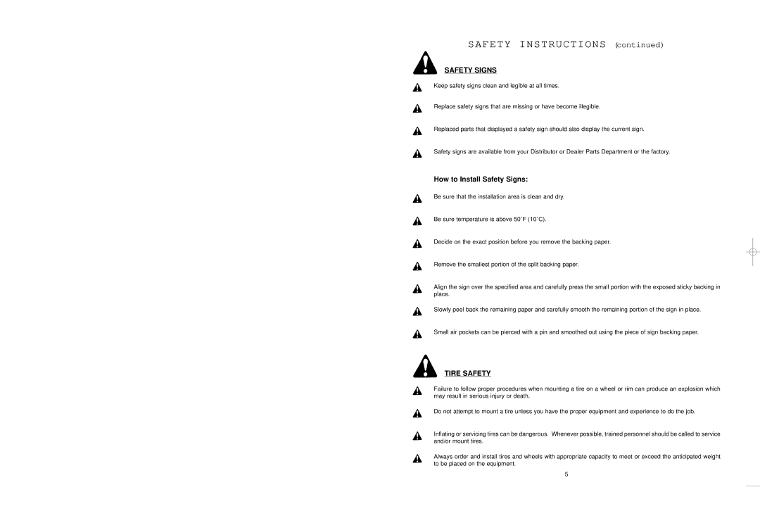 Worksaver EM/2 60, EM/2 72 warranty Safety Signs, Tire Safety 