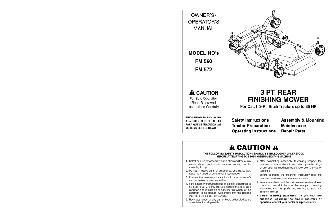 Worksaver FM 560, FM 572 warranty PT. Rear Finishing Mower, Model NO’s 