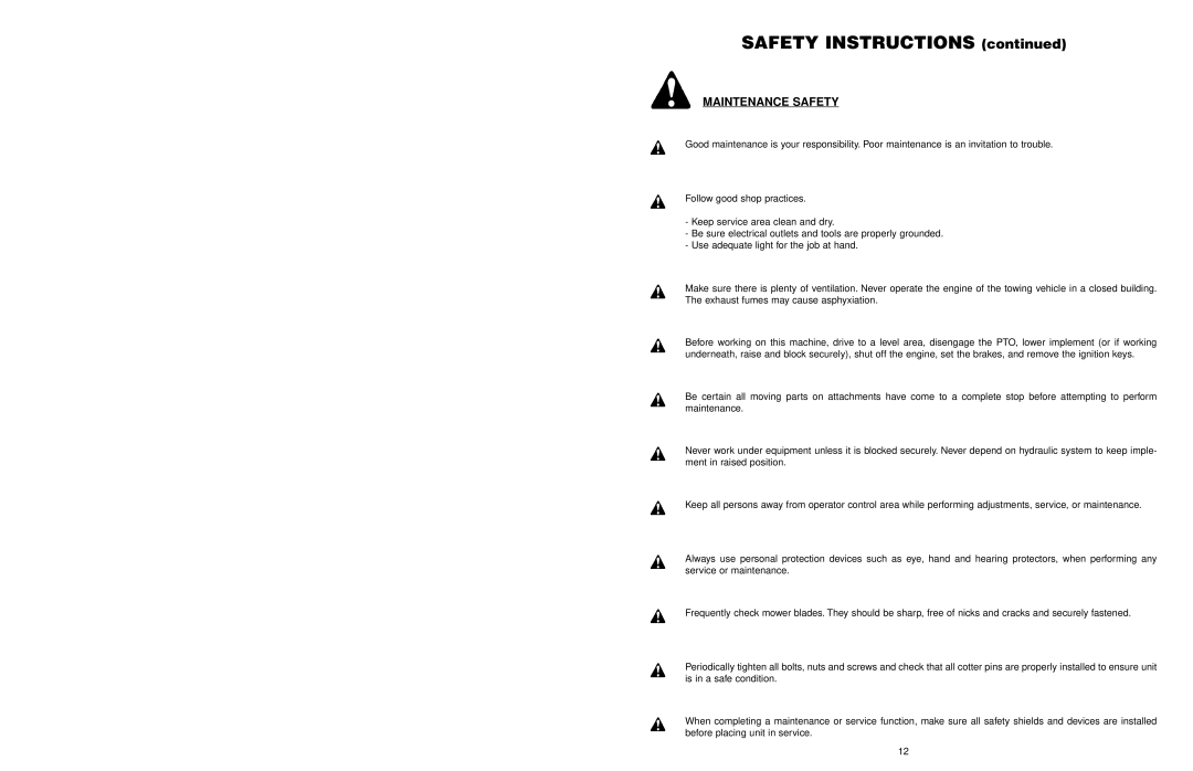 Worksaver FM 560, FM 572 warranty Maintenance Safety 