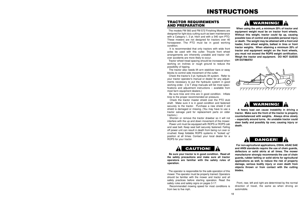 Worksaver FM 560, FM 572 warranty Instructions, Tractor Requirements and Preparation 