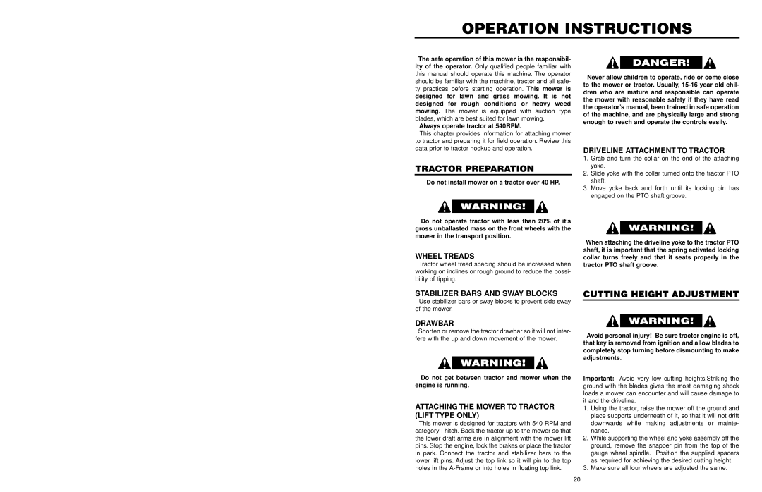 Worksaver FM 560, FM 572 warranty Operation Instructions, Tractor Preparation, Cutting Height Adjustment 