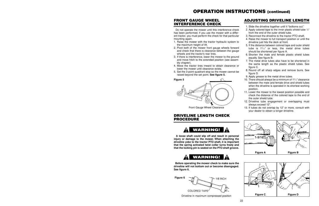 Worksaver FM 560, FM 572 warranty Front Gauge Wheel Interference Check, Driveline Length Check Procedure 