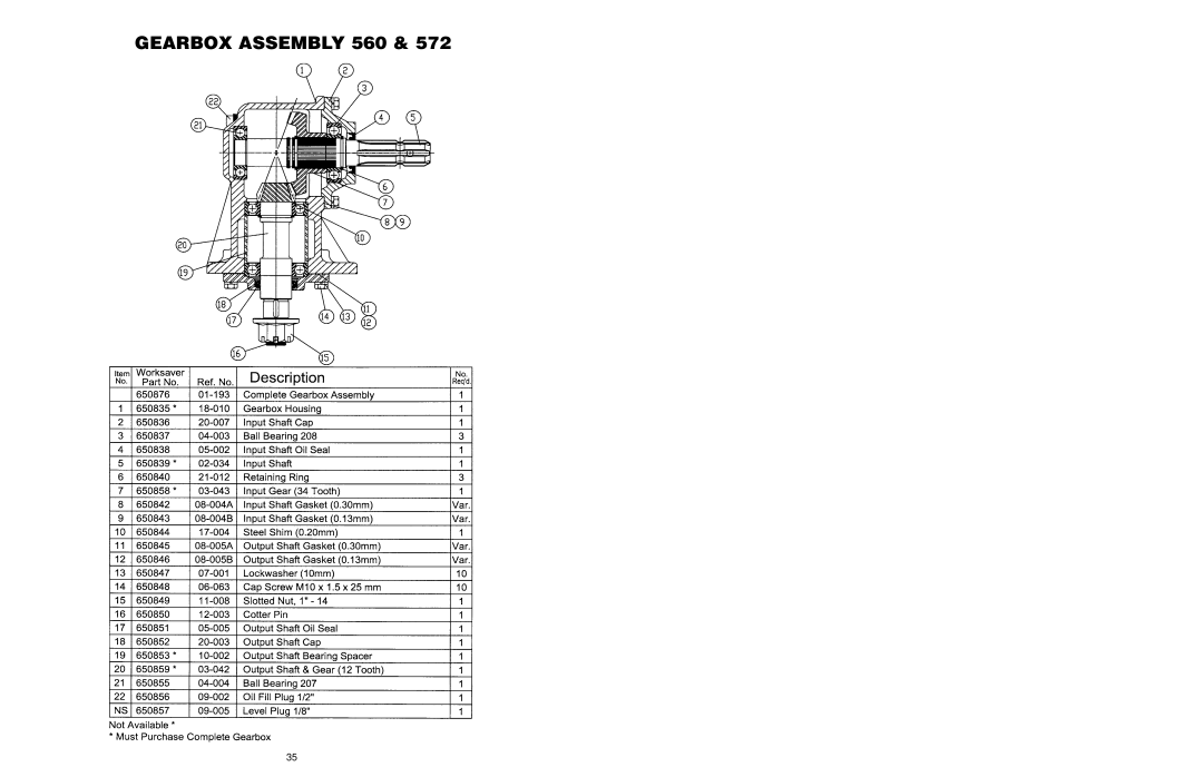 Worksaver FM 560, FM 572 warranty Gearbox Assembly 560 