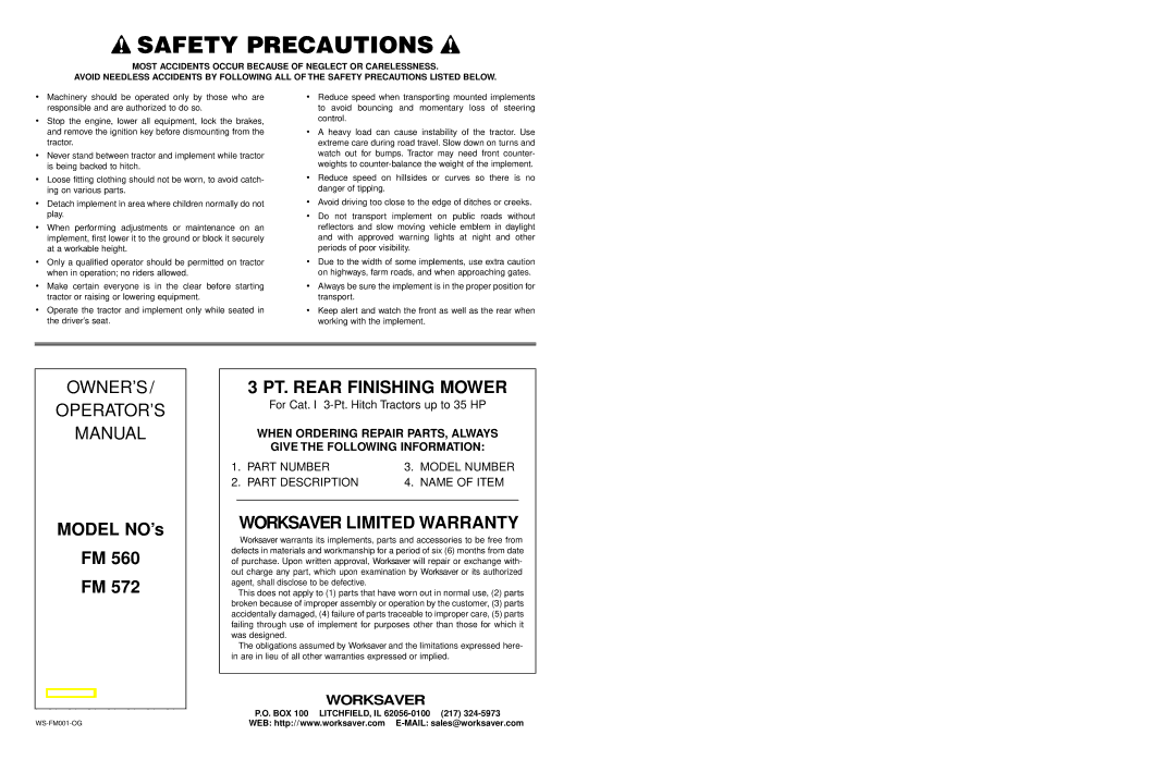 Worksaver FM 560, FM 572 warranty Safety Precautions, PT. Rear Finishing Mower 