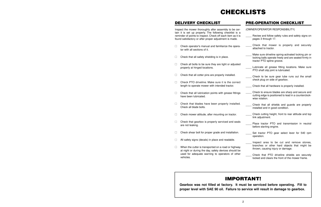 Worksaver FM 560, FM 572 warranty Checklists, Delivery Checklist, Pre-Operation Checklist 