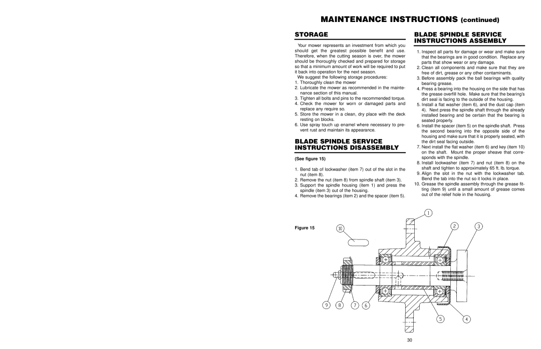 Worksaver FM 560, FM 572 Storage, Blade Spindle Service Instructions Disassembly, MAINTENANCE INSTRUCTIONS continued 