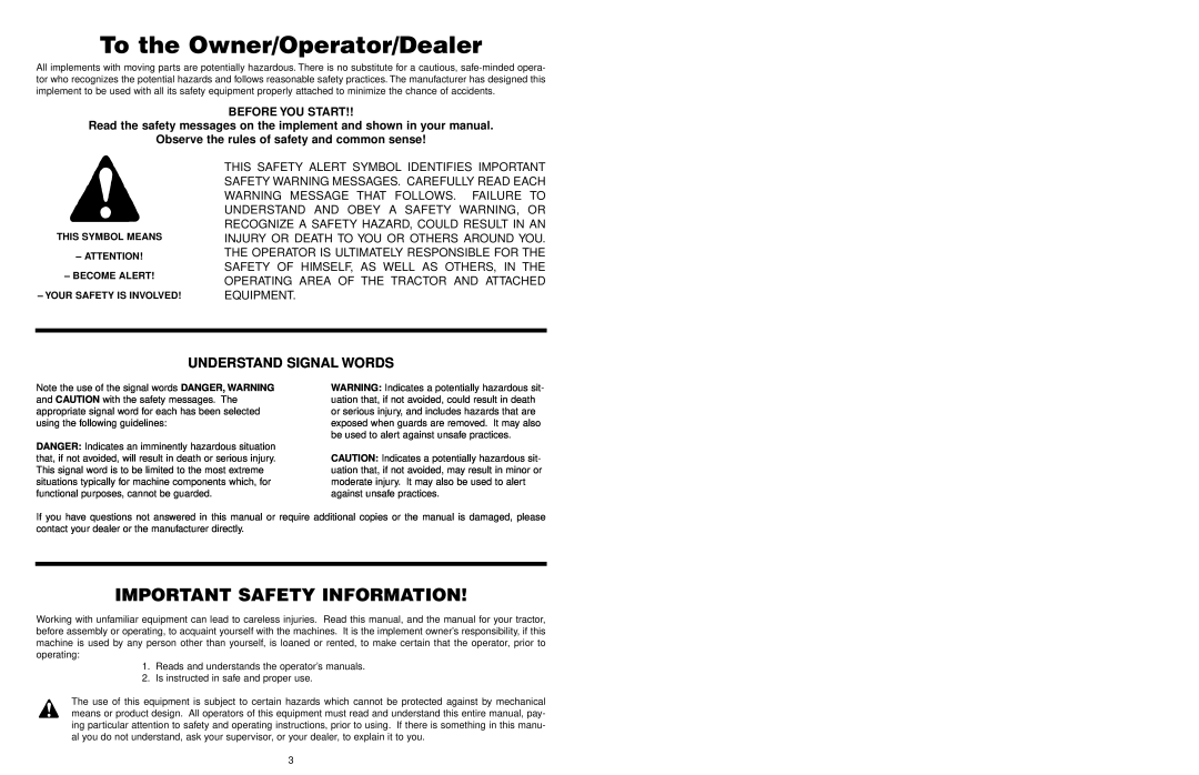 Worksaver FM 560, FM 572 warranty To the Owner/Operator/Dealer, Important Safety Information, Understand Signal Words 