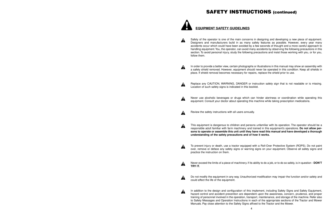 Worksaver FM 560, FM 572 warranty SAFETY INSTRUCTIONS continued, Equipment Safety Guidelines 