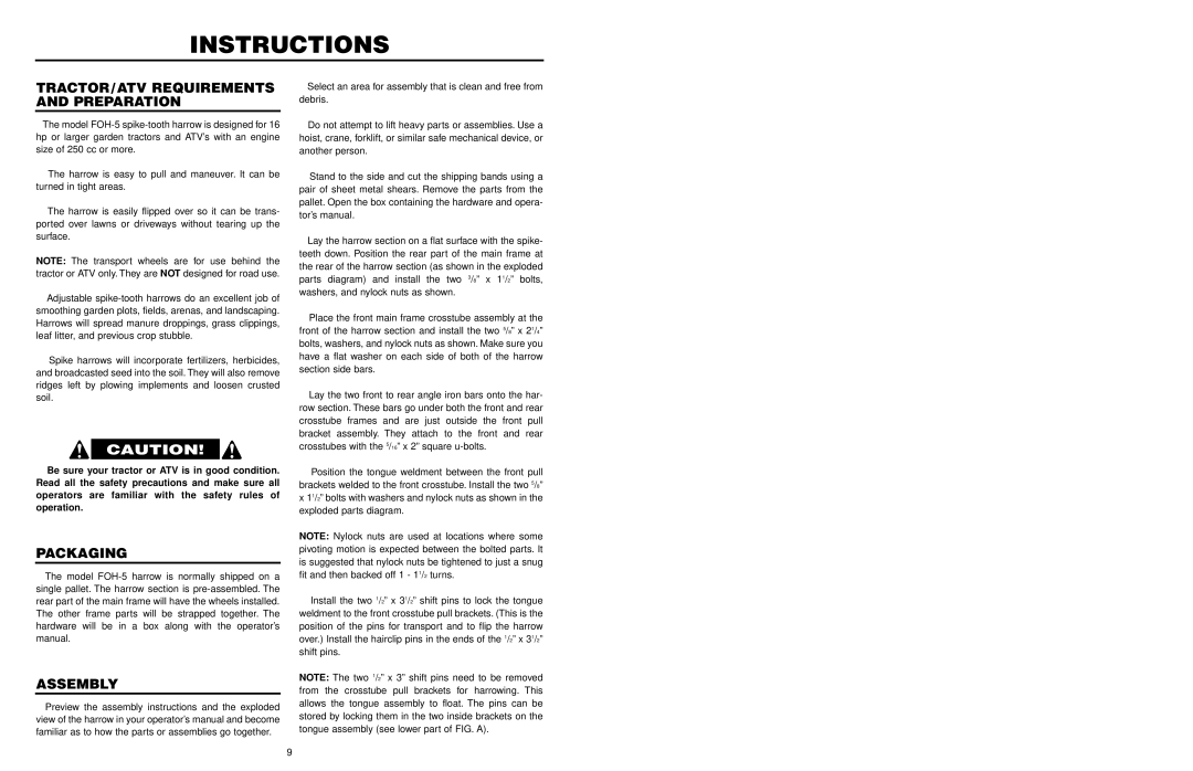 Worksaver FOH-5 manual Instructions, TRACTOR/ATV Requirements and Preparation, Packaging, Assembly 