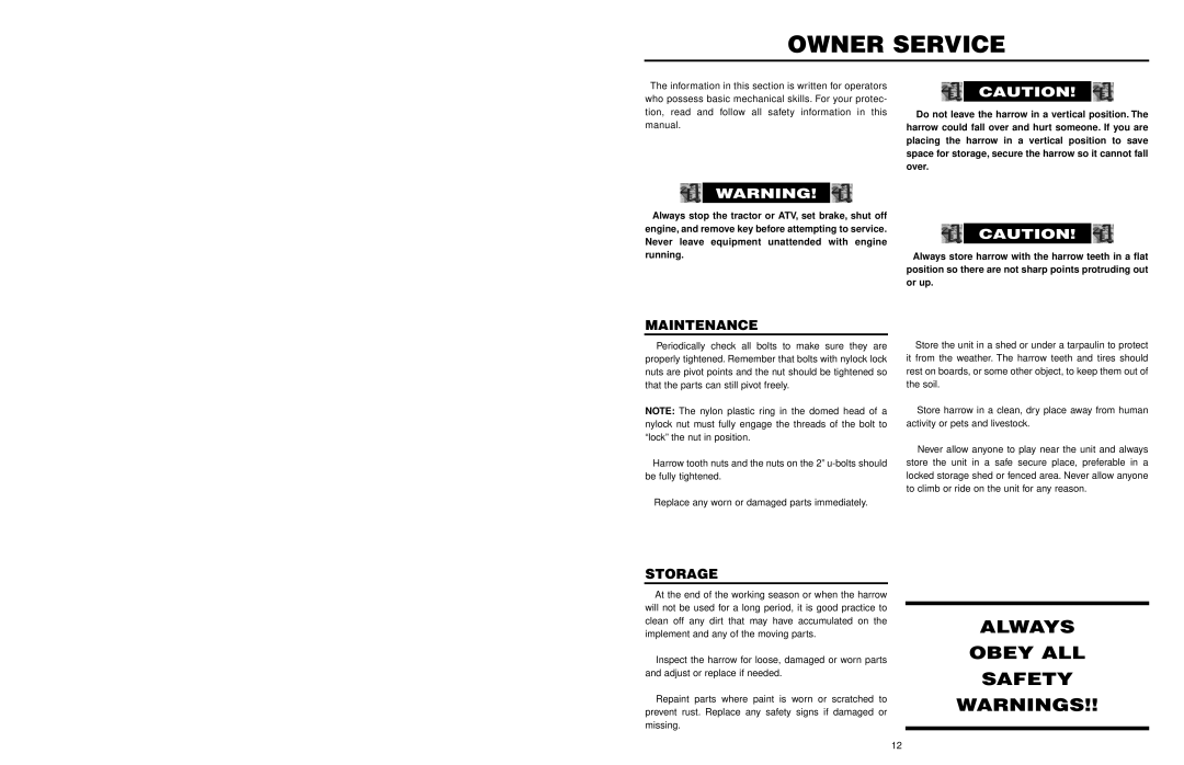 Worksaver FOH-5 manual Owner Service, Always Obey ALL Safety, Maintenance, Storage 