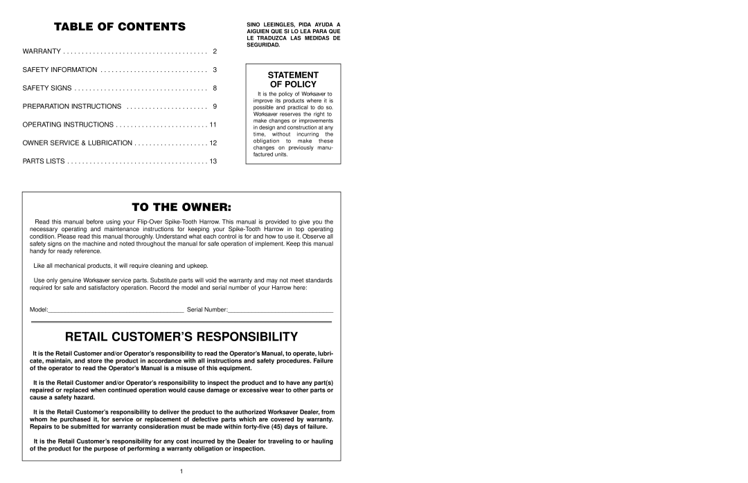 Worksaver FOH-5 manual Table Of Contents, To The Owner, Statement Of Policy, Retail Customer’S Responsibility 