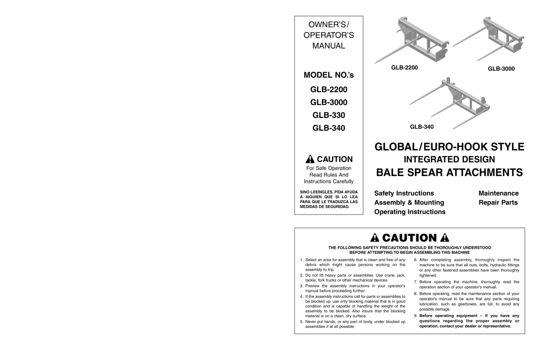 Worksaver GLB-340, GLB-330, GLB-2200, GLB-3000 manual GLOBAL/EURO-HOOK Style, Bale Spear Attachments 