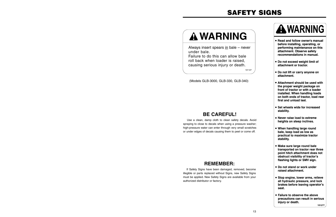 Worksaver GLB-2200, GLB-330, GLB-340, GLB-3000 manual Safety Signs, Be Careful 