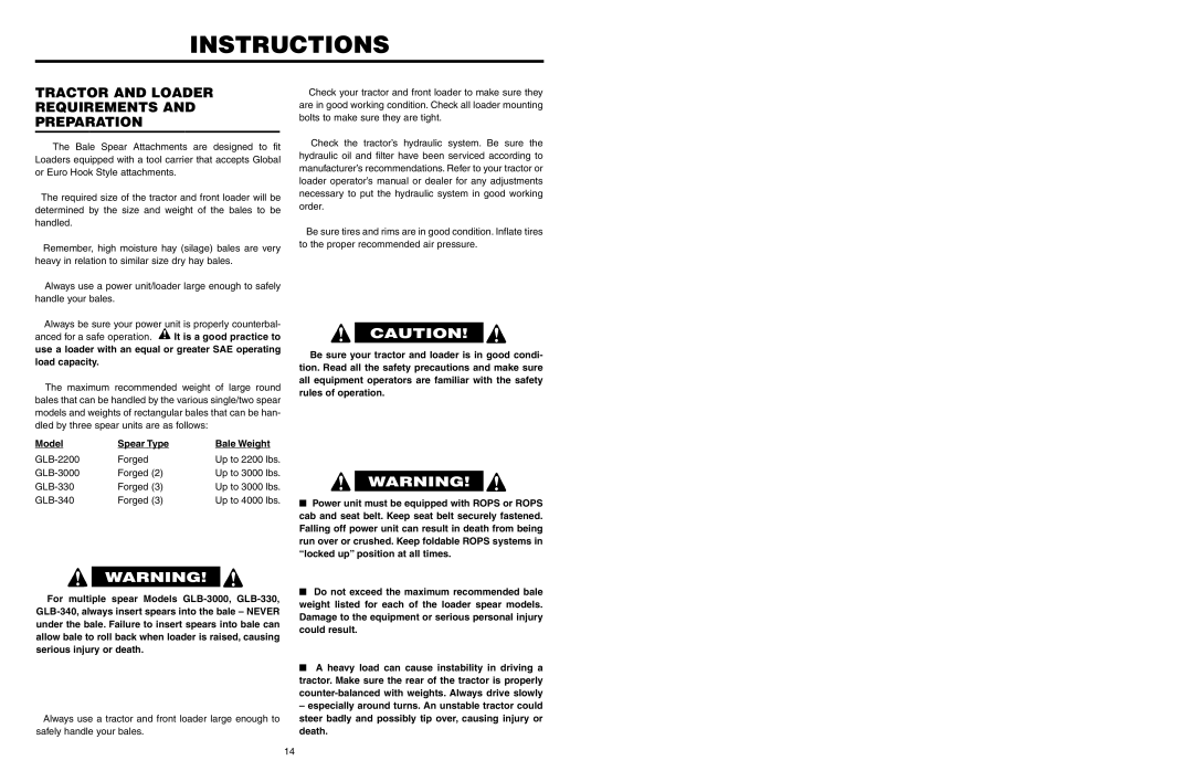 Worksaver GLB-3000, GLB-330, GLB-340, GLB-2200 manual Instructions, Tractor and Loader Requirements Preparation 