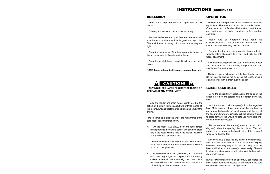 Worksaver GLB-330, GLB-340, GLB-2200, GLB-3000 manual Assembly, Operation, Large Round Bales 