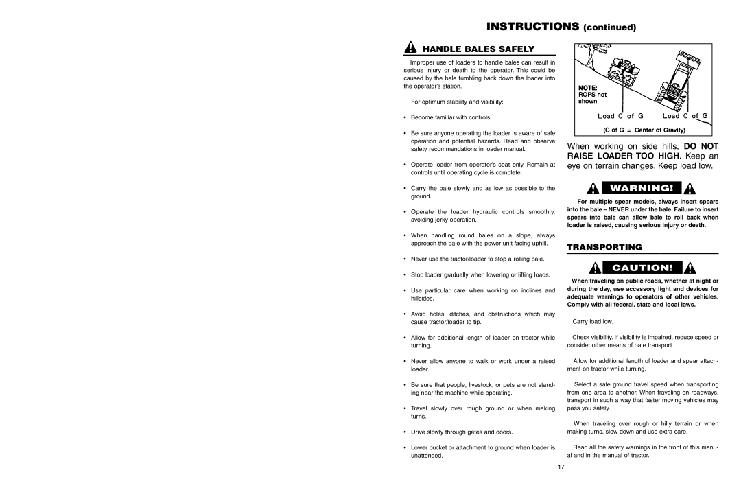 Worksaver GLB-2200, GLB-330, GLB-340, GLB-3000 manual Handle Bales Safely, Transporting 
