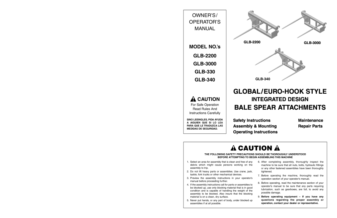Worksaver GLB-340 manual Global/Euro-Hookstyle, Bale Spear Attachments, Integrated Design, Owner’S Operator’S Manual 