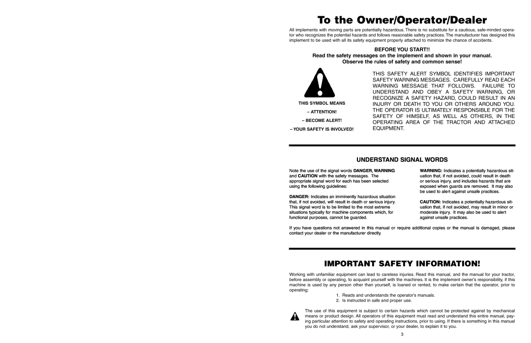 Worksaver GLB-330 To the Owner/Operator/Dealer, Important Safety Information, Understand Signal Words, Before You Start 