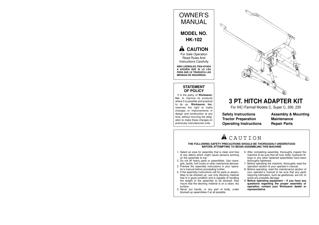 Worksaver HK-102 warranty Model no 