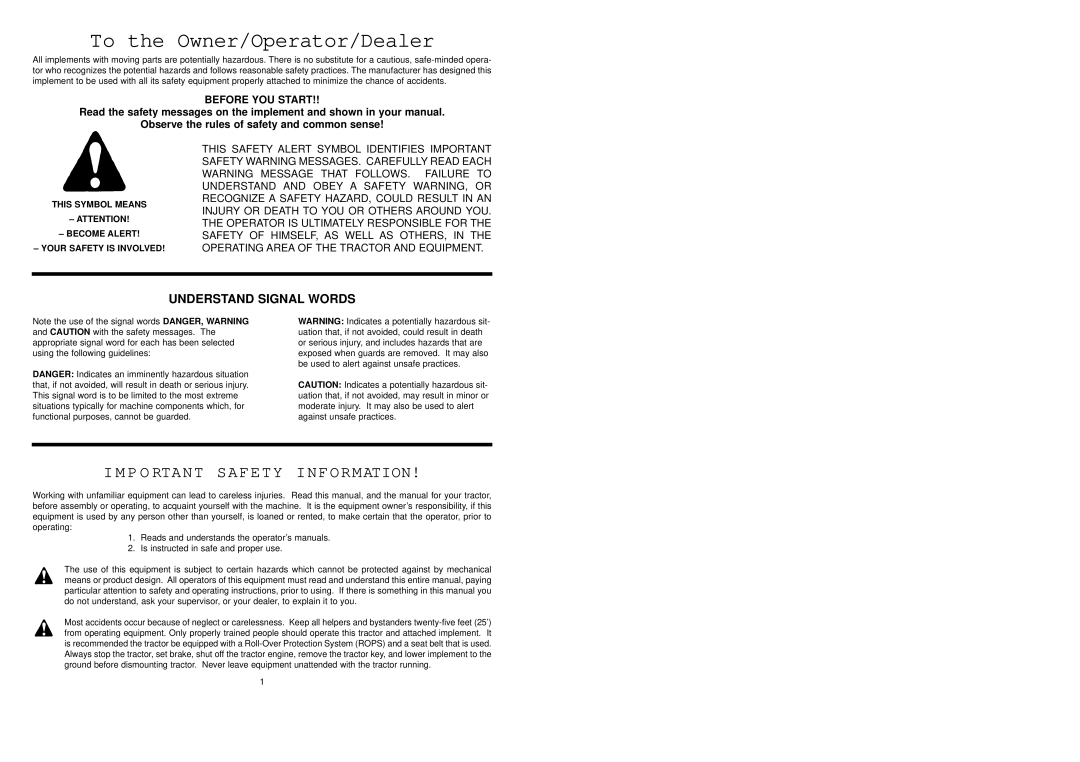 Worksaver HK-102 warranty To the Owner/Operator/Dealer 