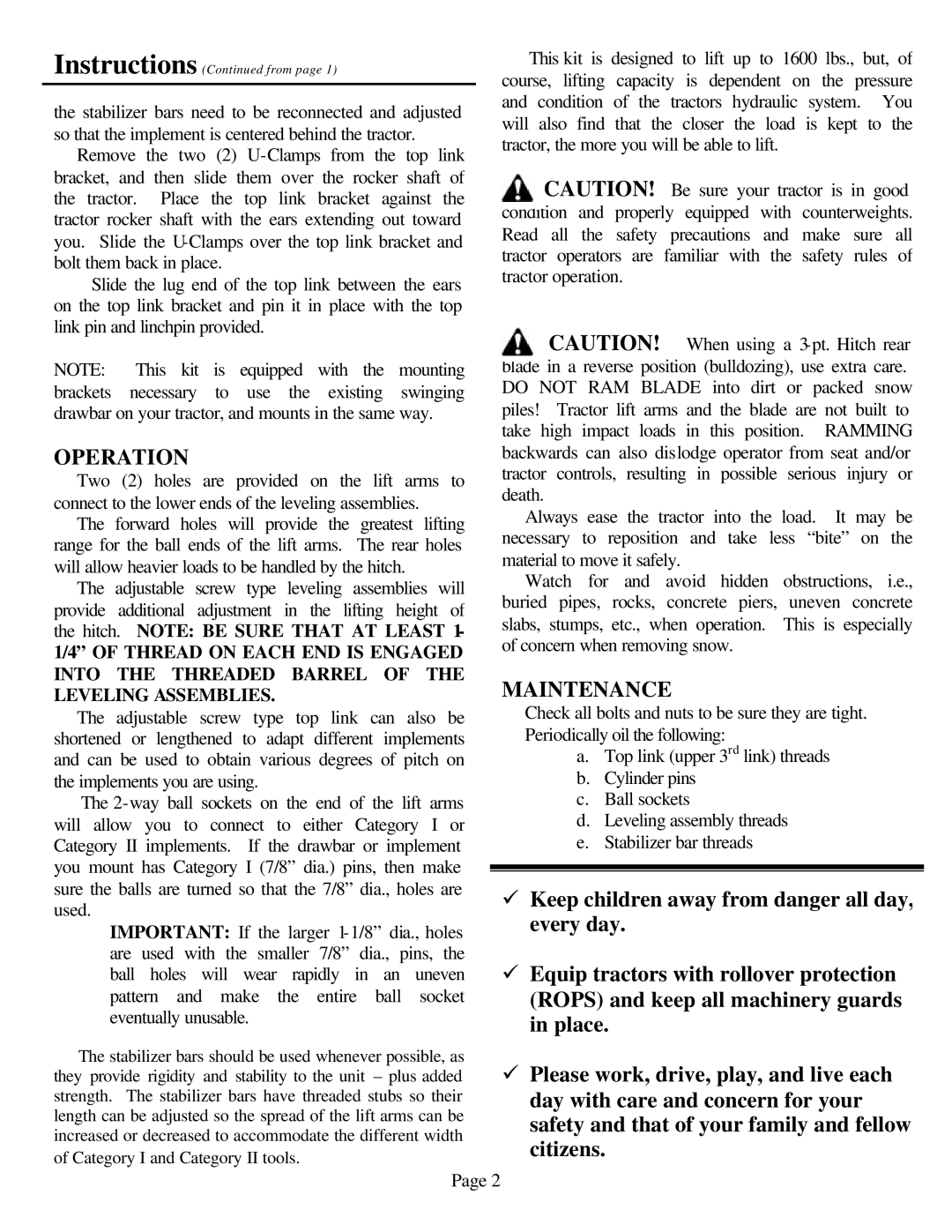 Worksaver HK-305 owner manual Operation, Maintenance 