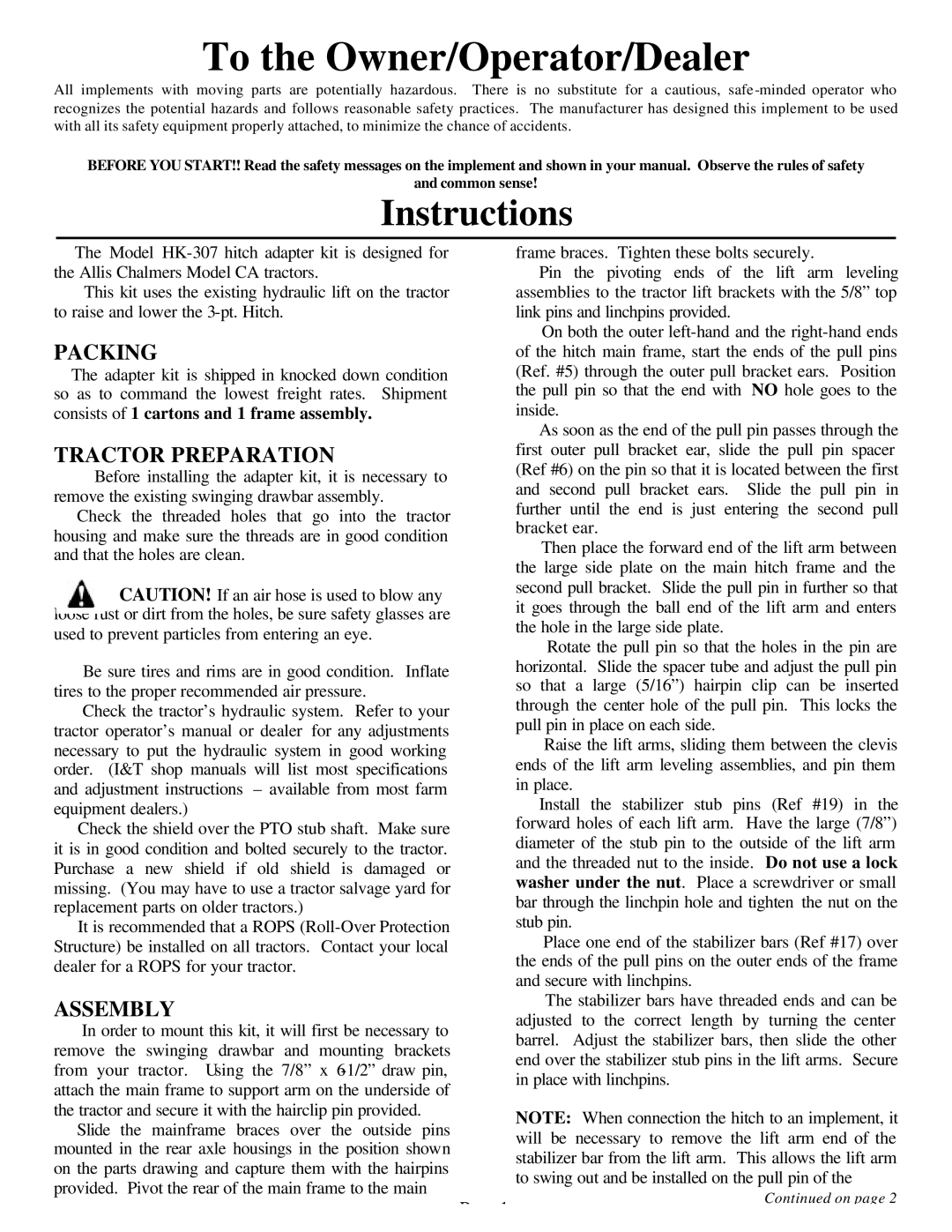 Worksaver HK-307 owner manual Packing, Tractor Preparation, Assembly 