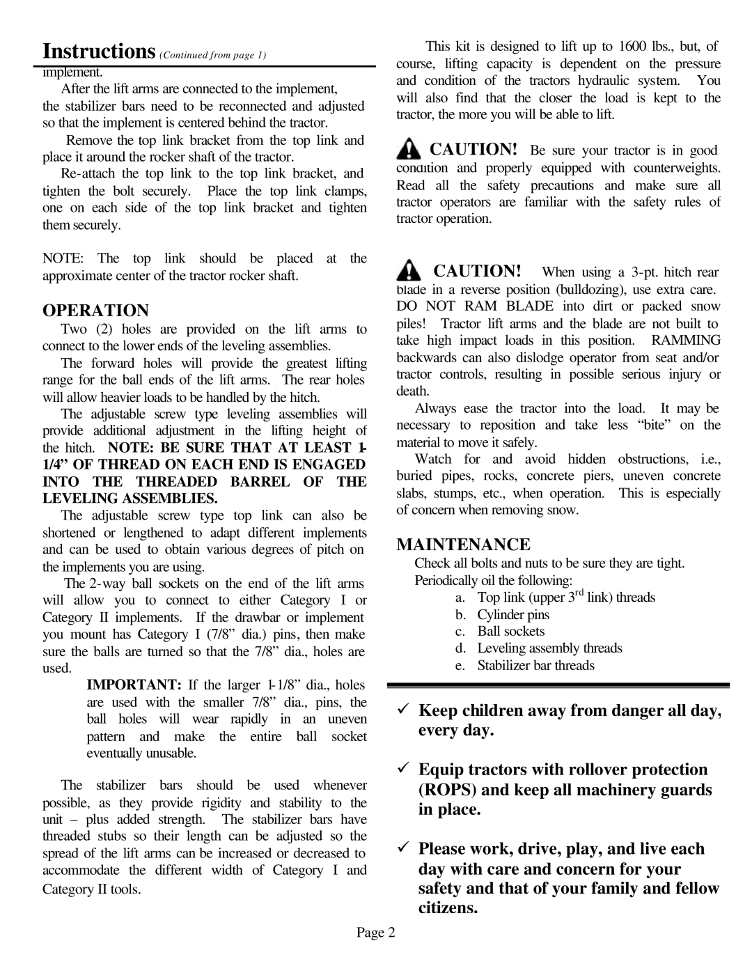 Worksaver HK-307 owner manual Operation, Maintenance 