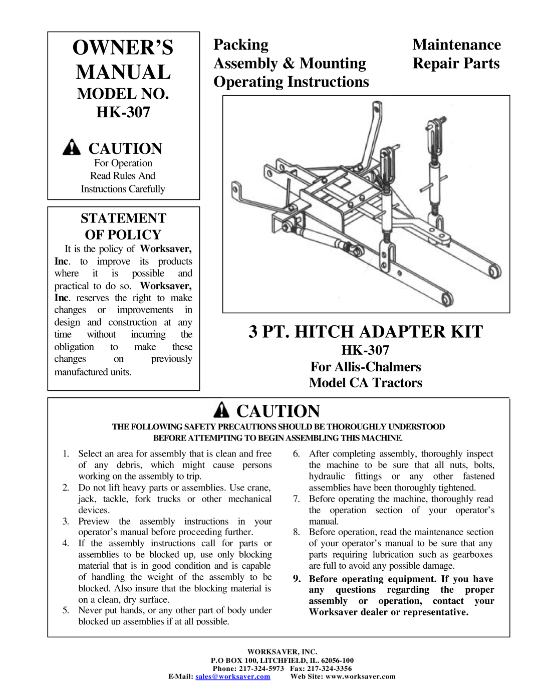Worksaver owner manual MODEL NO HK-307, Packing, Maintenance, Assembly & Mounting, Repair Parts, Operating Instructions 