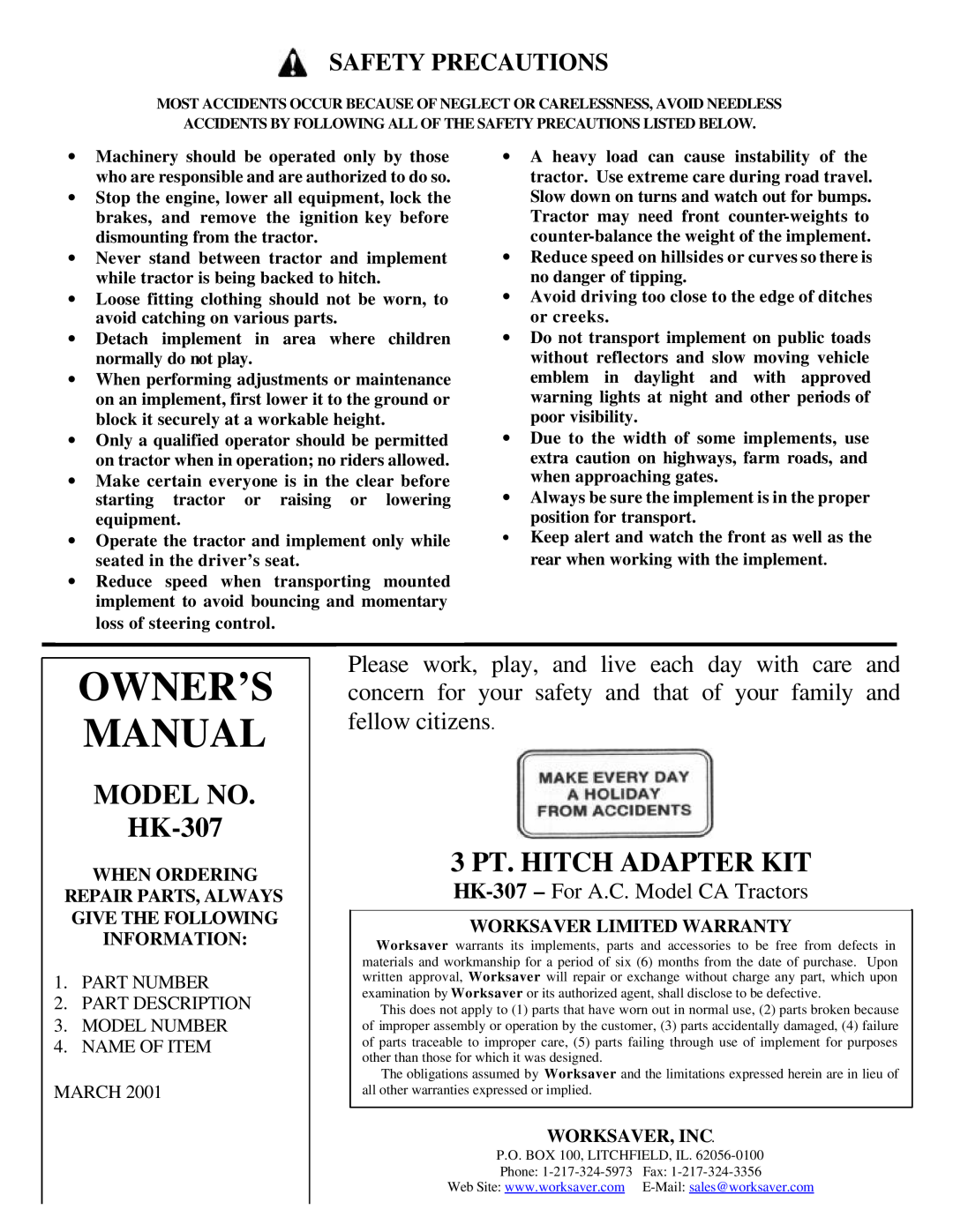 Worksaver 3 PT. HITCH ADAPTER KIT, Safety Precautions, Worksaver Limited Warranty, Worksaver, Inc, MODEL NO HK-307 