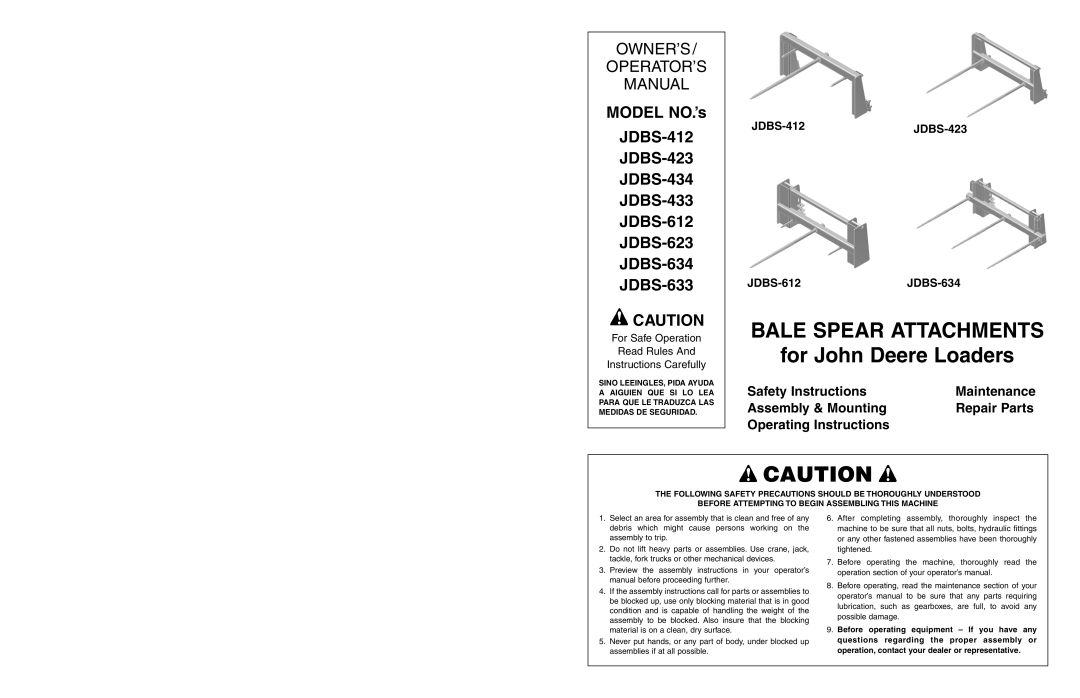 Worksaver JDBS-634 operating instructions Bale Spear Attachments, For Safe Operation Read Rules Instructions Carefully 