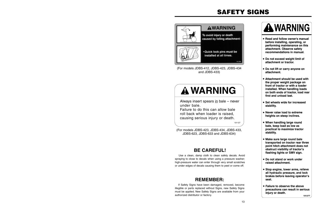 Worksaver JDBS-434, JDBS-634, JDBS-412, JDBS-423, JDBS-623, JDBS-612, JDBS-433 operating instructions Safety Signs, Be Careful 