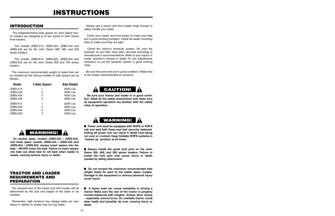 Worksaver JDBS-634, JDBS-434, JDBS-412, JDBS-423 Instructions, Introduction, Tractor and Loader Requirements Preparation 