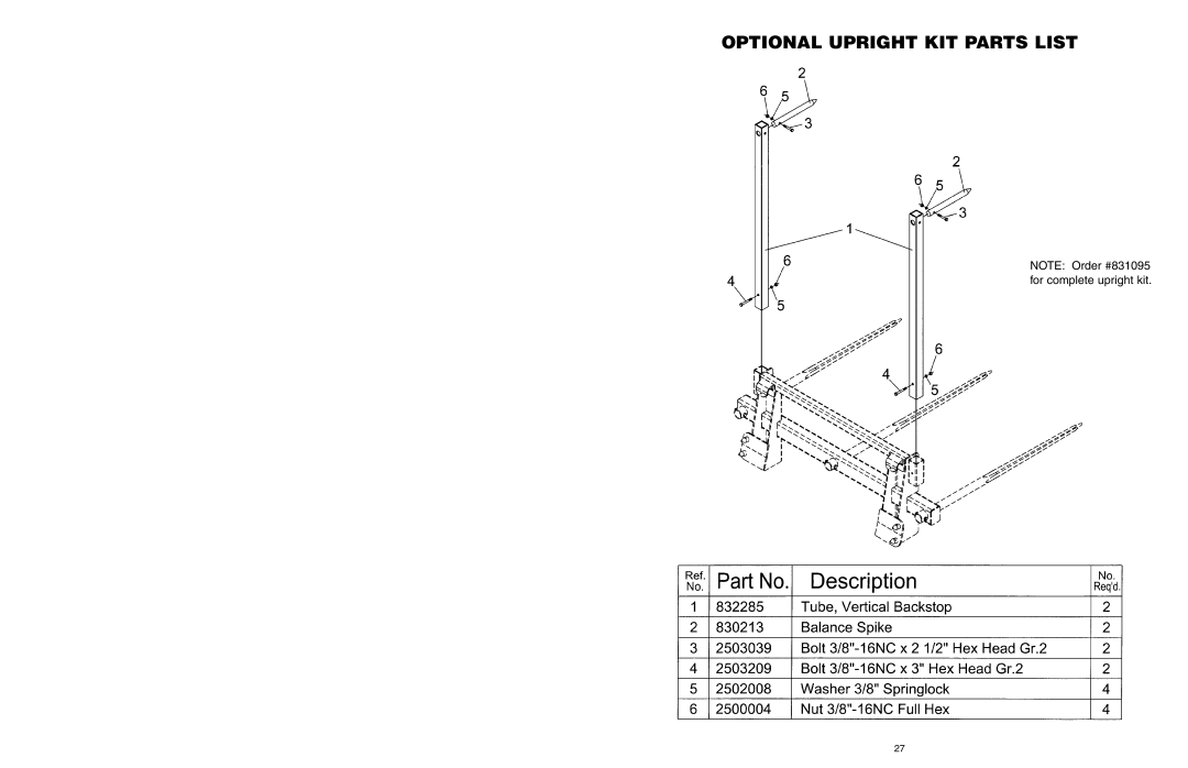 Worksaver JDBS-434, JDBS-634, JDBS-412, JDBS-423, JDBS-623, JDBS-612, JDBS-433 Optional Upright KIT Parts List 