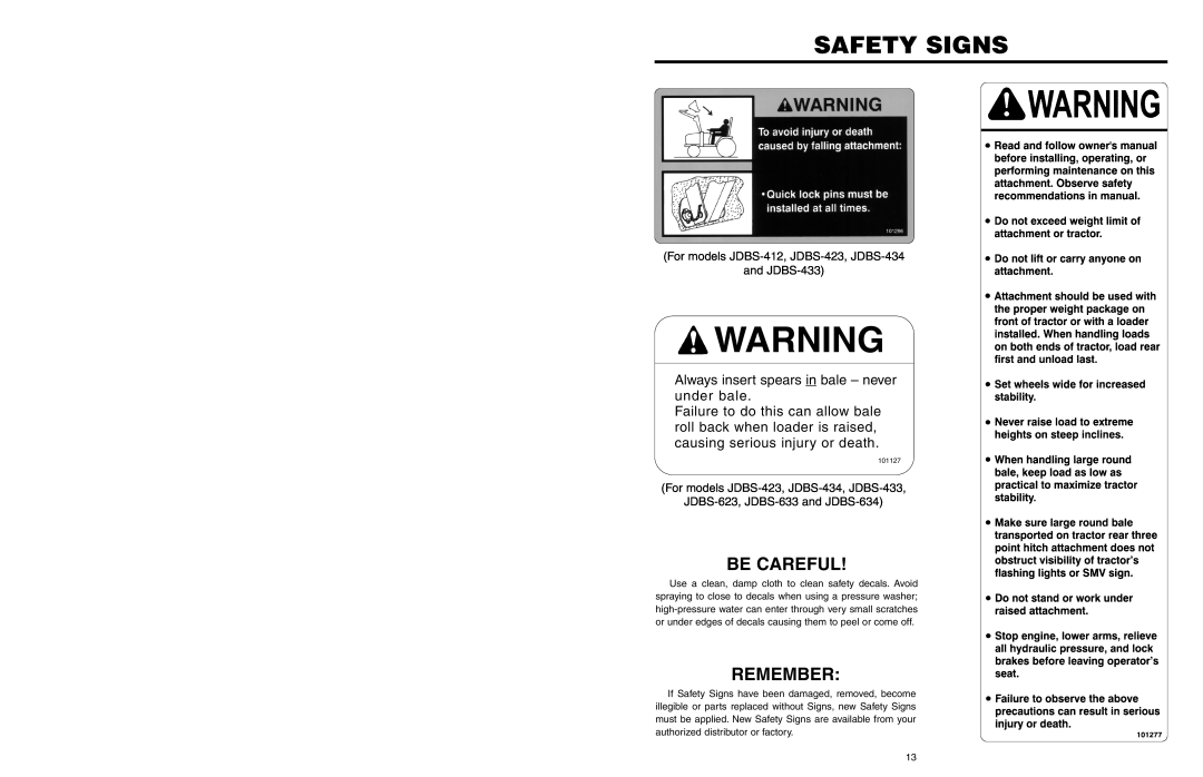 Worksaver JDBS-434, JDBS-634, JDBS-412 Safety Signs, Be Careful, Remember, Always insert spears in bale - never under bale 