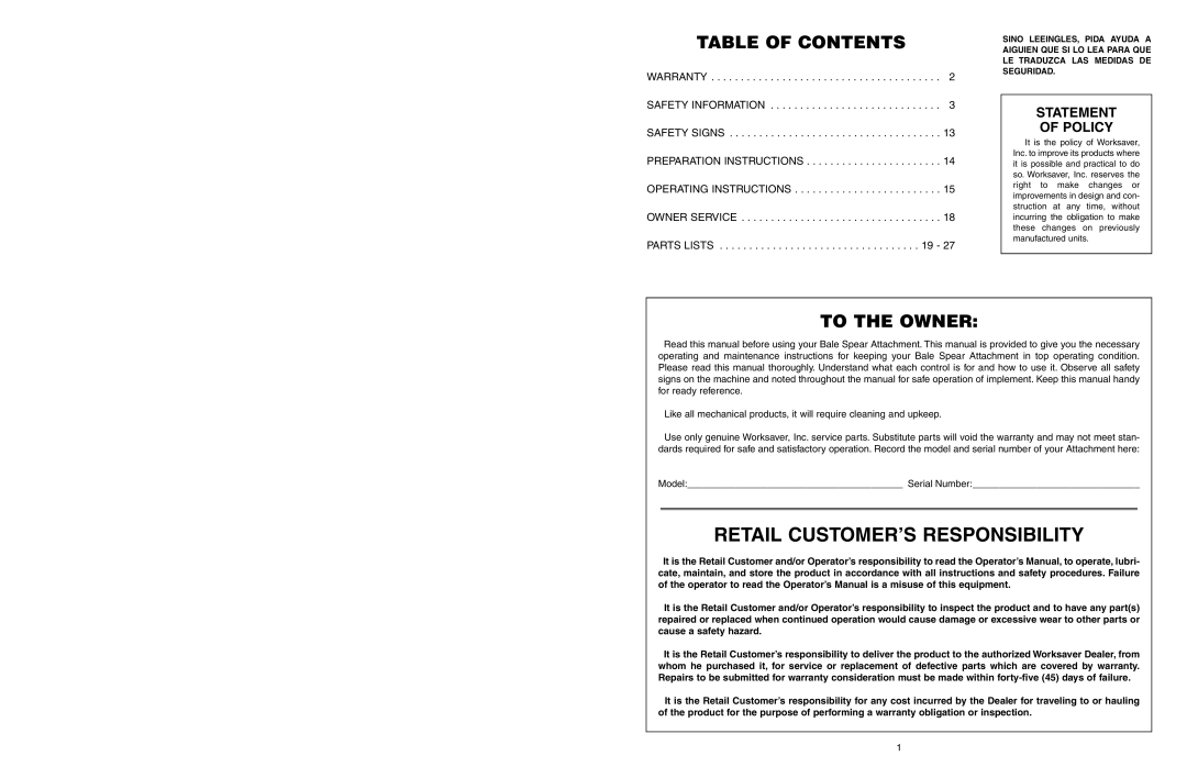 Worksaver JDBS-412, JDBS-434 Table Of Contents, To The Owner, Statement Of Policy, Operating Instructions Owner Service 