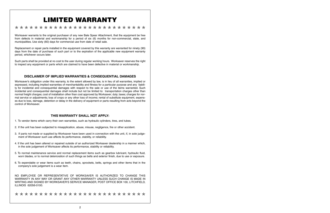 Worksaver JDBS-423, JDBS-434, JDBS-634, JDBS-412 Limited Warranty, Disclaimer Of Implied Warranties & Consequential Damages 