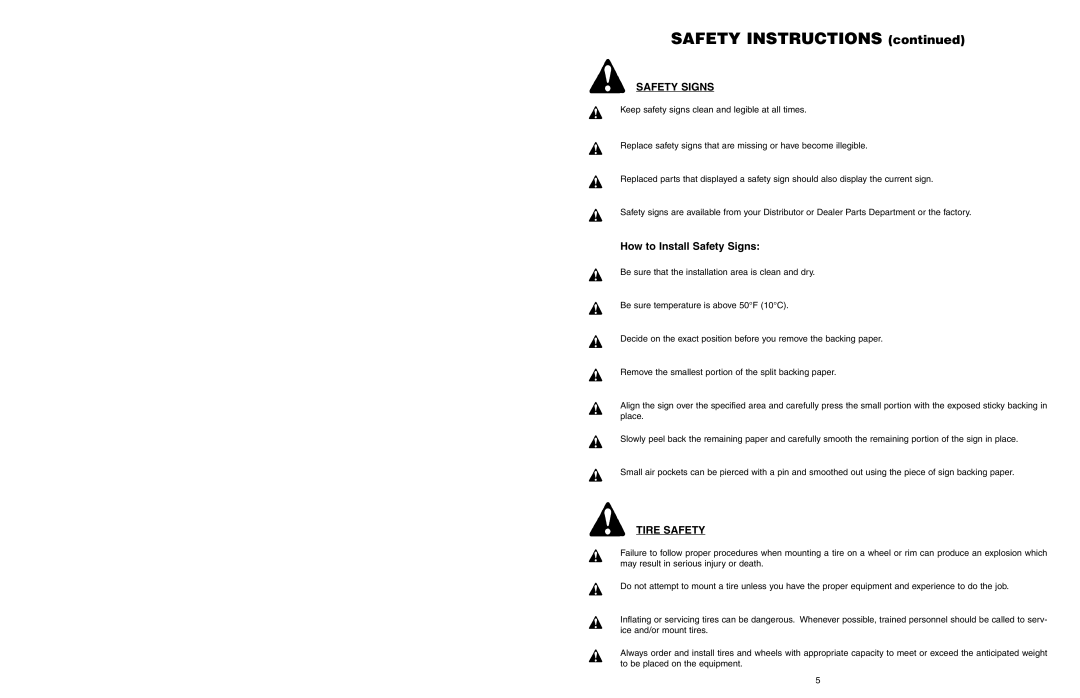 Worksaver JDBS-433, JDBS-434, JDBS-634, JDBS-412 How to Install Safety Signs, Tire Safety, SAFETY INSTRUCTIONS continued 