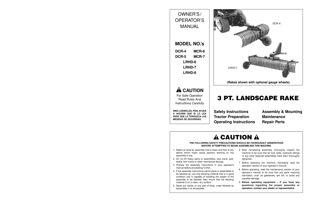 Worksaver manual PT. Landscape Rake, DCR-4 MCR-6 DCR-5 MCR-7 LRHD-6 LRHD-7 LRHD-8 