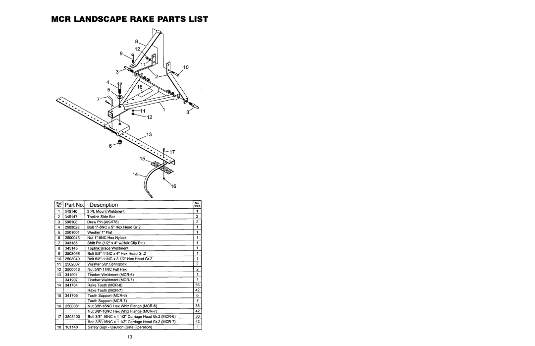 Worksaver LRHD-7, LRHD-6, MCR-6, LRHD-8, DCR-5, DCR-4, MCR-7 manual MCR Landscape Rake Parts List 