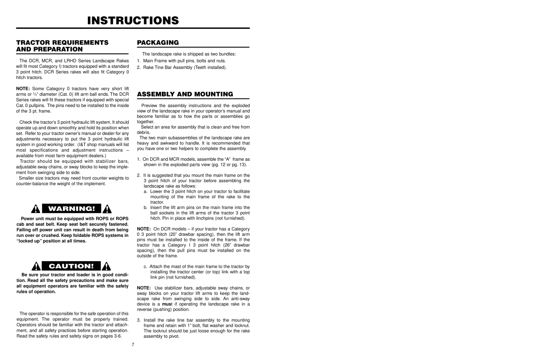 Worksaver LRHD-6, LRHD-7, MCR-6, LRHD-8 Instructions, Tractor Requirements Preparation, Packaging, Assembly and Mounting 