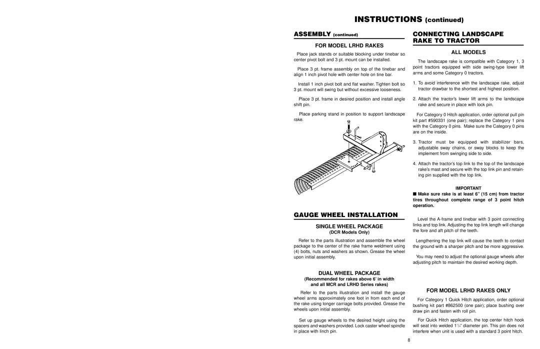 Worksaver MCR-6, LRHD-7, LRHD-6, LRHD-8, DCR-5, DCR-4, MCR-7 Gauge Wheel Installation, Connecting Landscape Rake to Tractor 