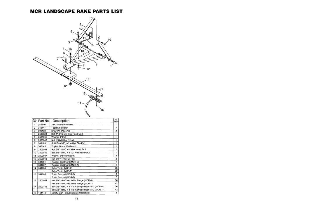 Worksaver LRHD-7, LRHD-6, MCR-6, LRHD-8, DCR-5, DCR-4, MCR-7 manual Mcr Landscape Rake Parts List 