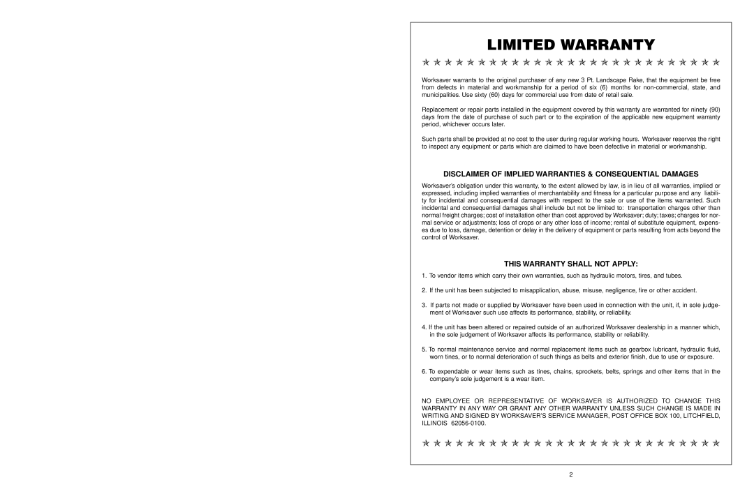 Worksaver LRHD-8 Limited Warranty, Disclaimer Of Implied Warranties & Consequential Damages, This Warranty Shall Not Apply 
